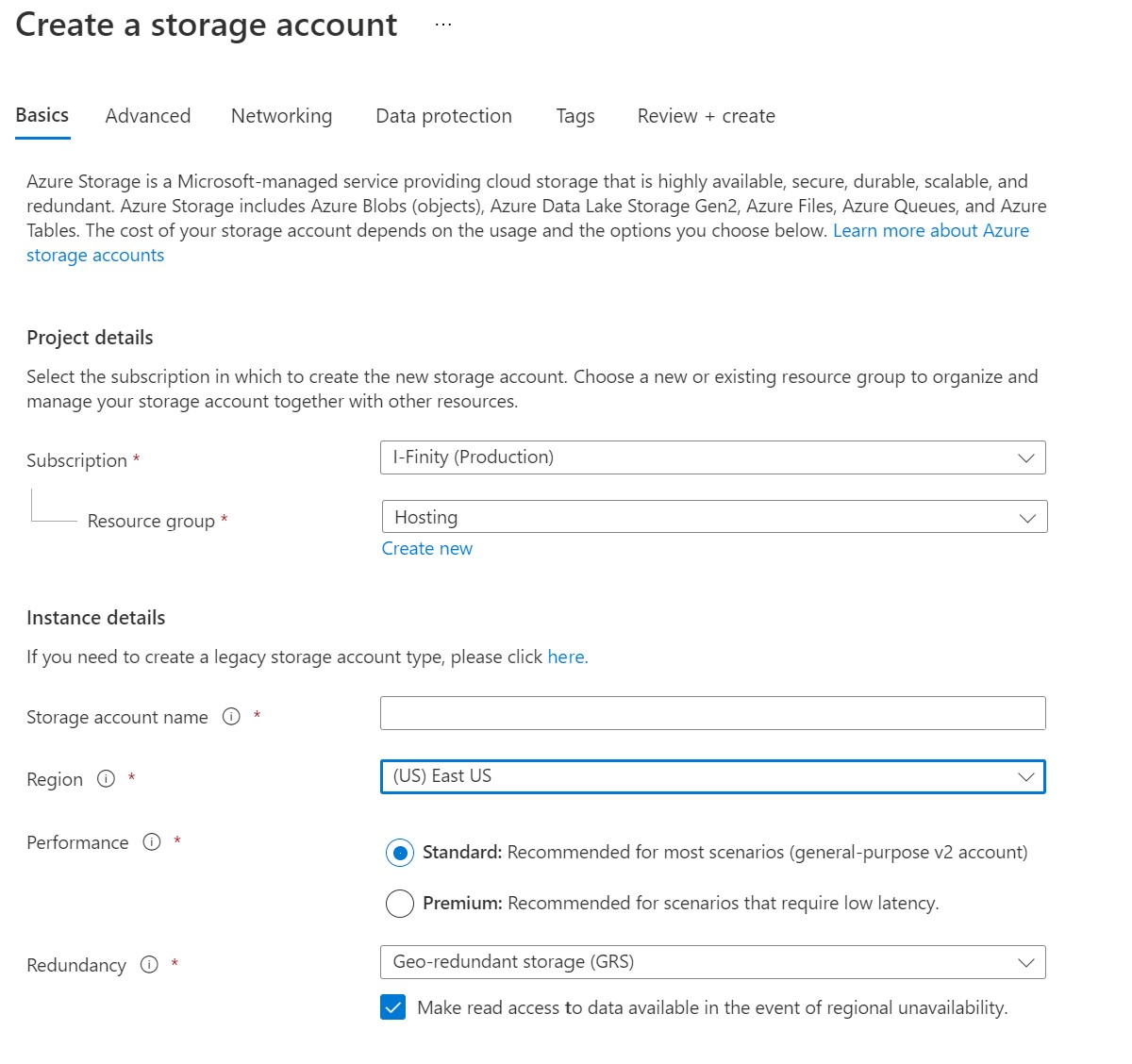 Create storage screenshot from Azure