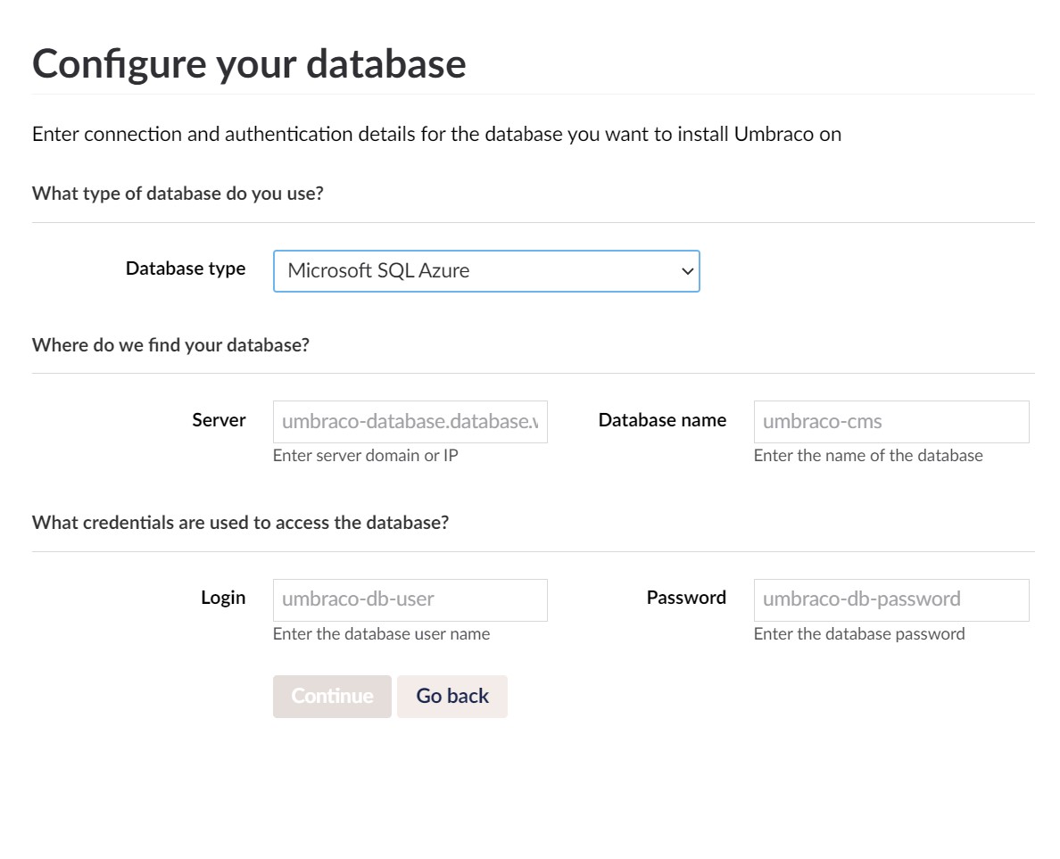Configure database screenshot